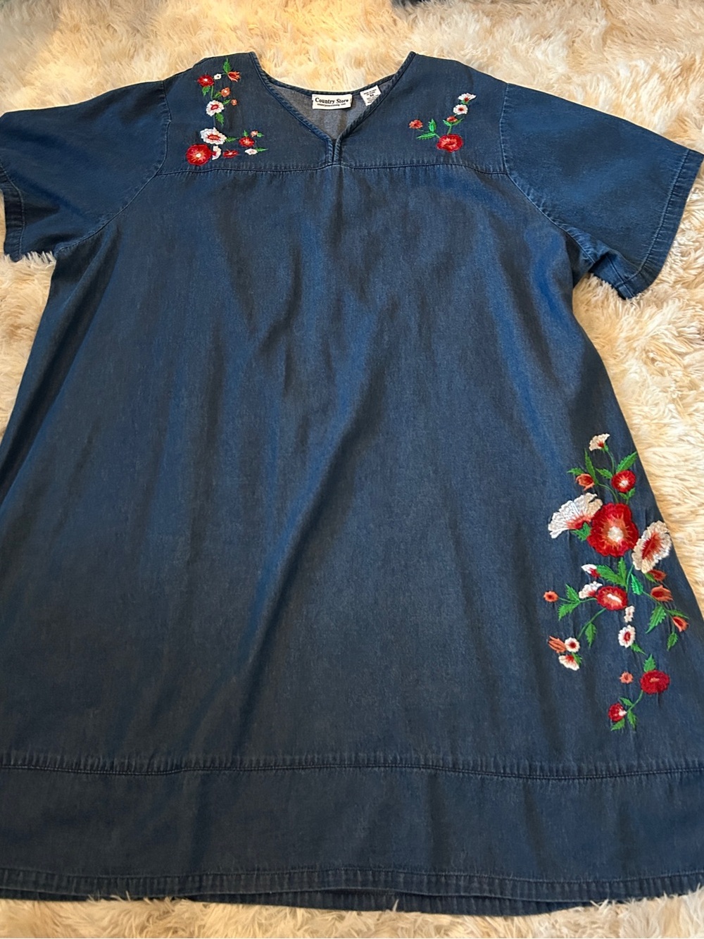 Casual Navy Embroidered Denim Dress with Floral Accents